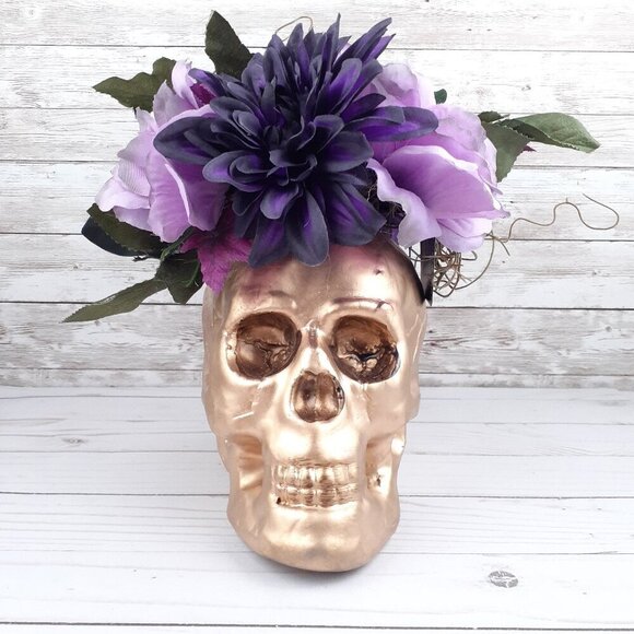 Halloween Gold Skull Faded Purple Flowers Wicked Garden - Picture 1 of 5